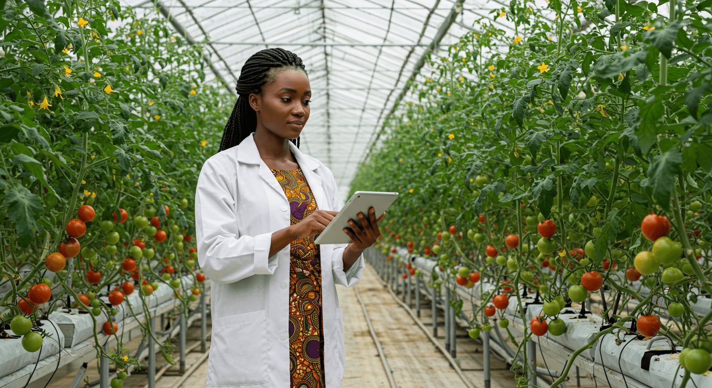 Uma engenheira nigeriana de AgTech monitorou a irrigação em uma estufa de tomates em seu tablet (imagem gerada por IA).
