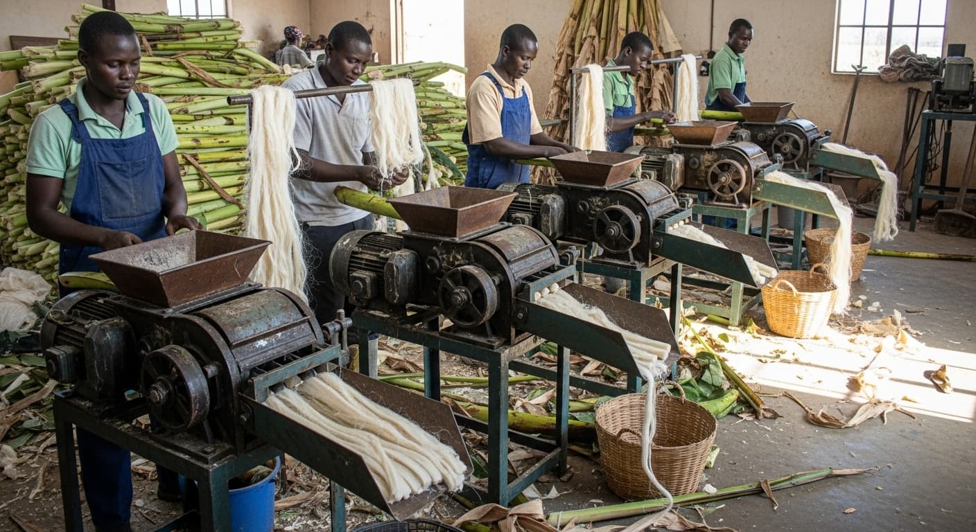 Banana-fiber extraction machines in Uganda (AI-generated image).