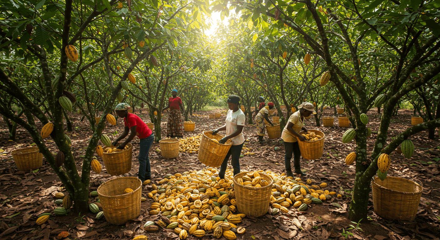 Cosecha de mazorcas de cacao en Ghana (imagen generada por IA).