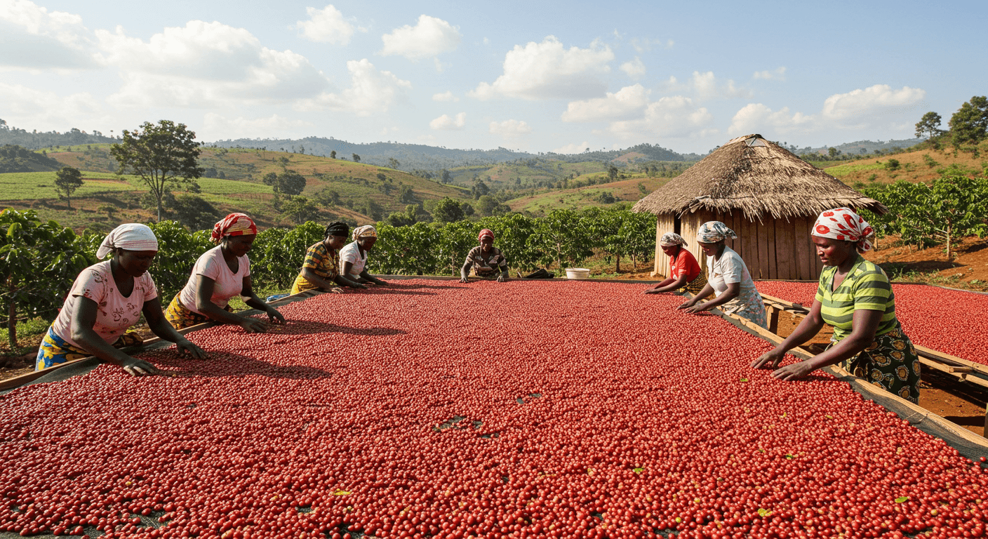 Petani perempuan Tanzania mengeringkan buah kopi (gambar yang dihasilkan oleh AI).