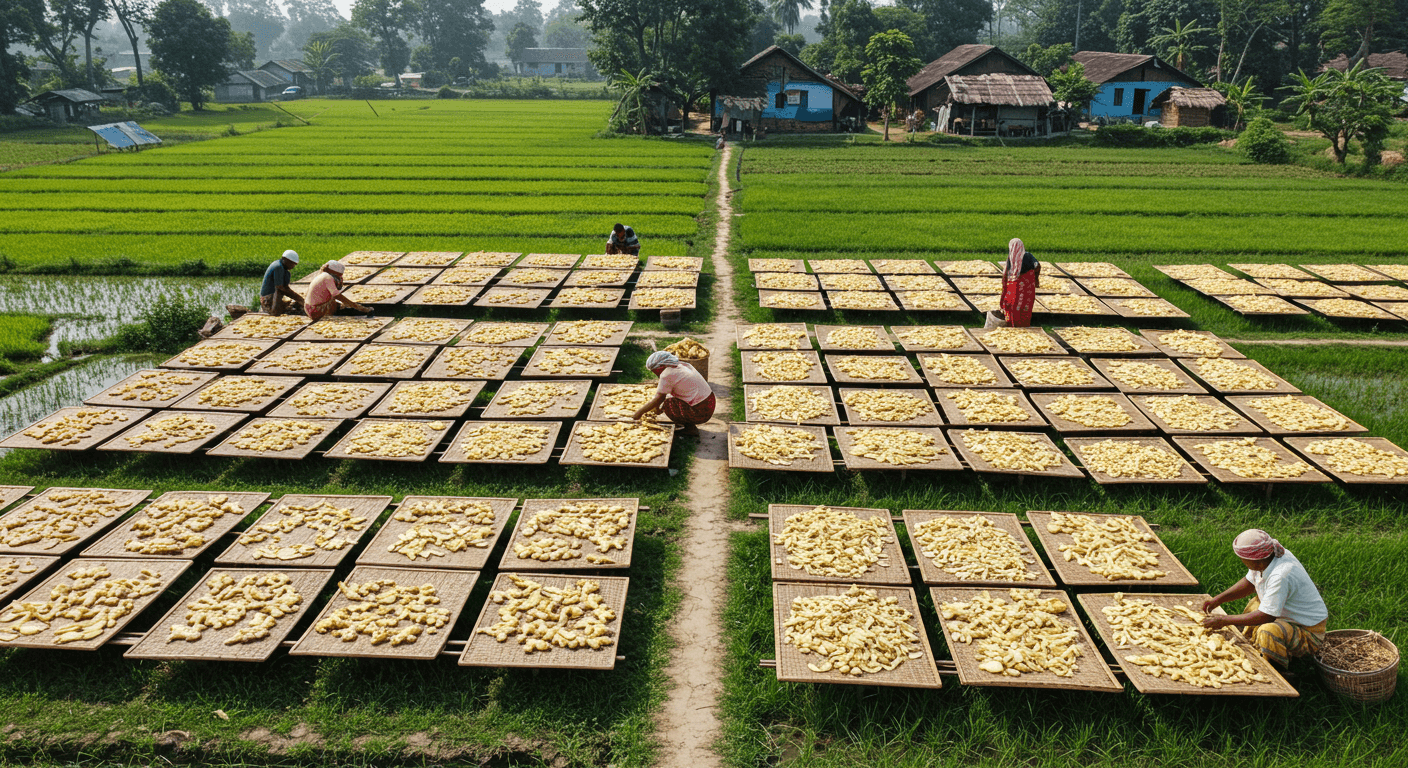 Agricultores secando gengibre fatiado em Bangladesh (imagem gerada por IA)
