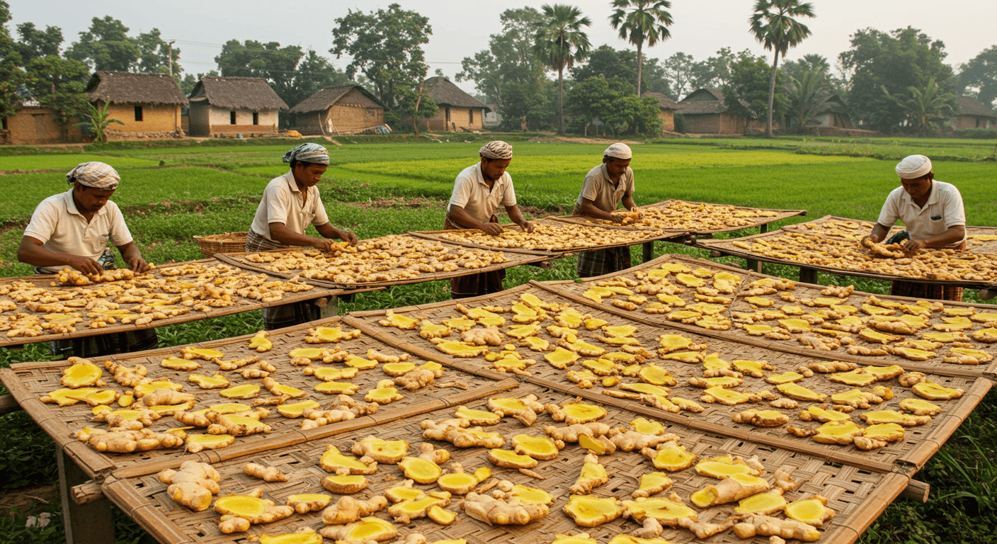 Des agriculteurs faisant sécher du gingembre tranché au Bangladesh (image générée par IA)