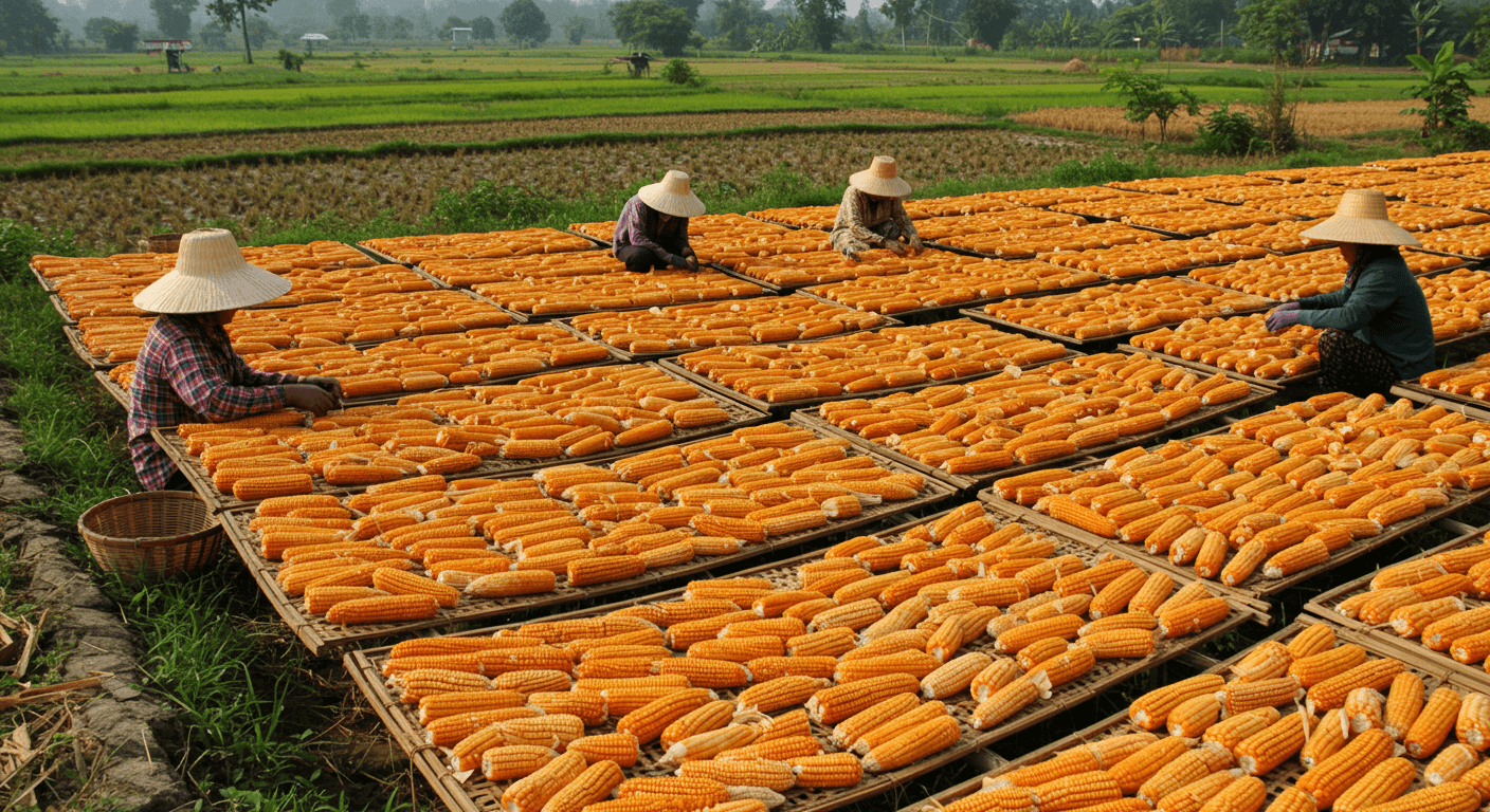 Agricultores secando milho na Tailândia (imagem gerada por IA).