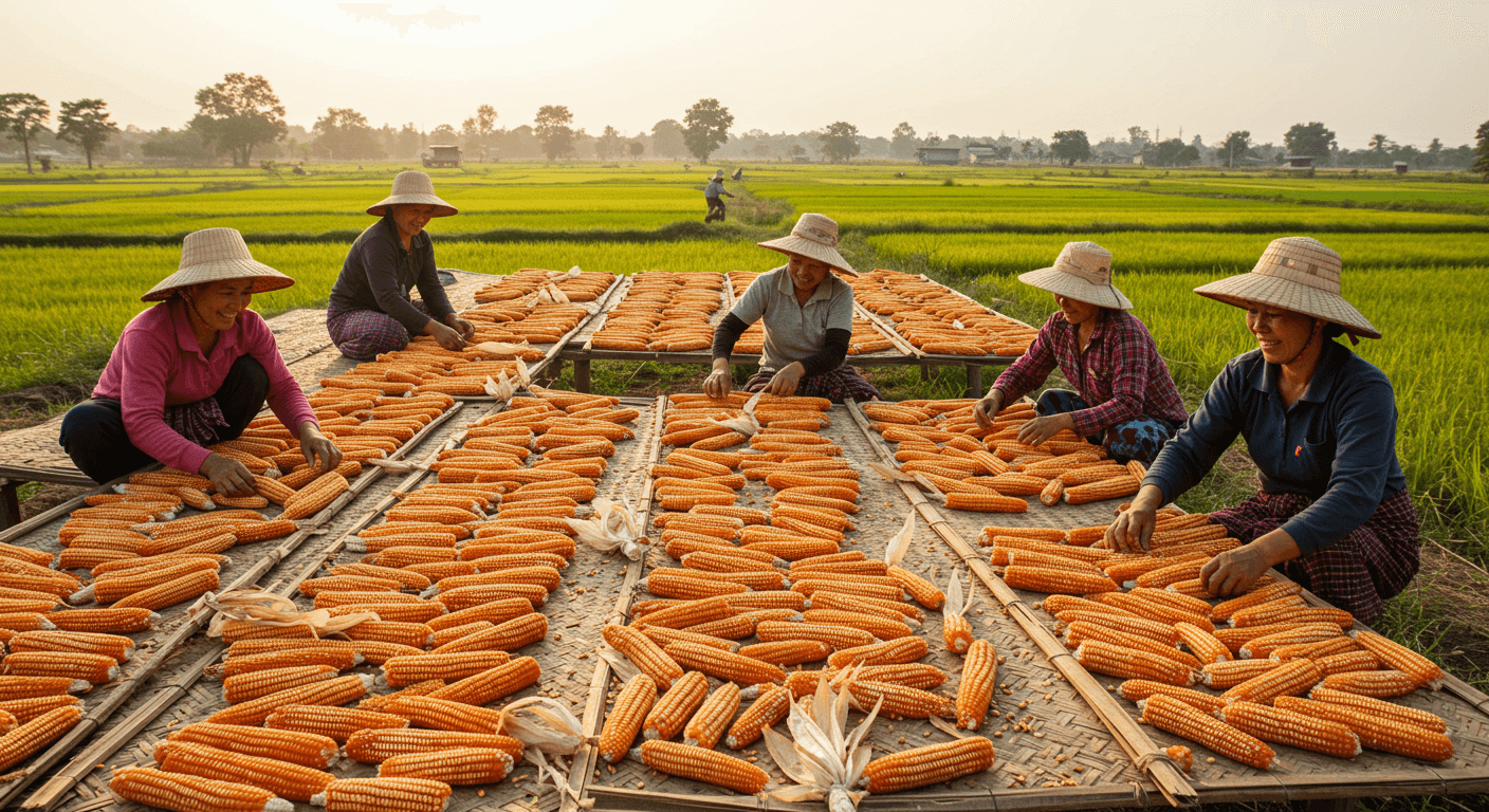 Des agriculteurs en train de sécher du maïs en Thaïlande (image générée par IA).