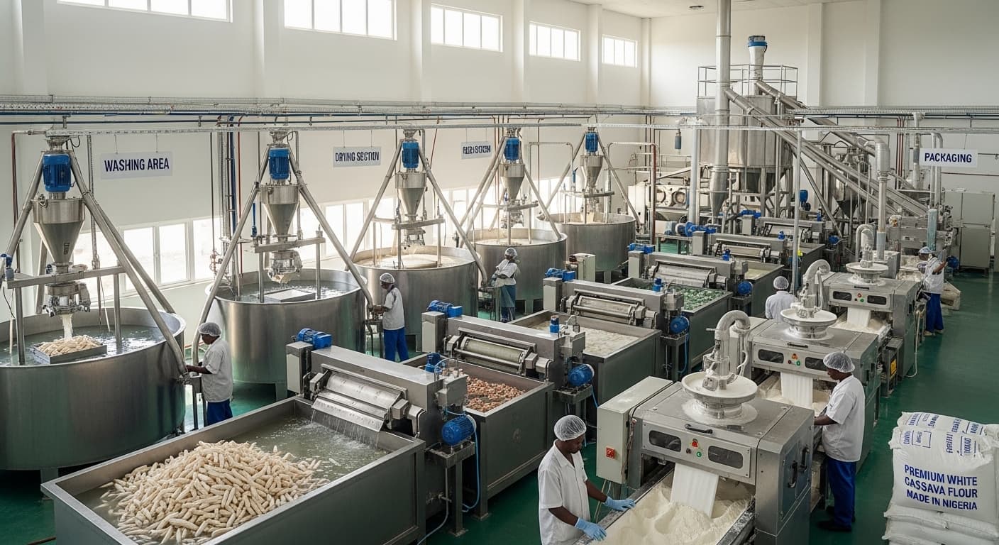 A high-quality cassava flour production line in Nigeria (AI-generated image).