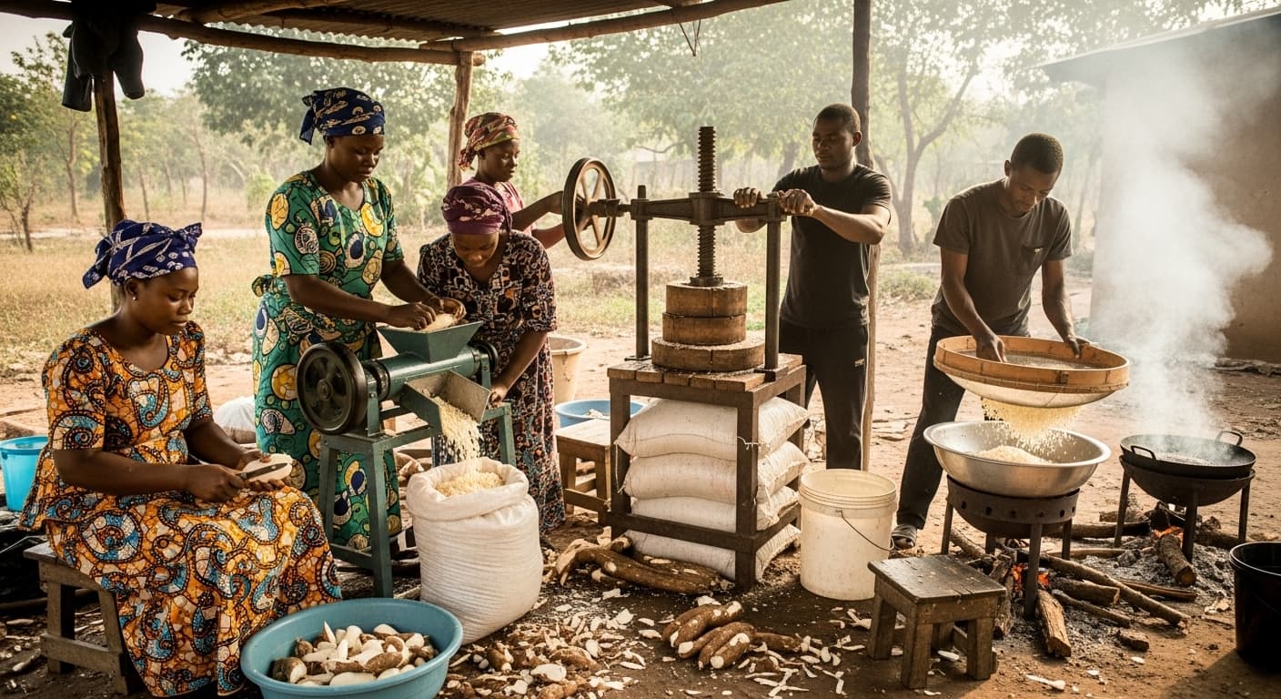 Small-scale gari production line in Nigeria (AI-generated image).