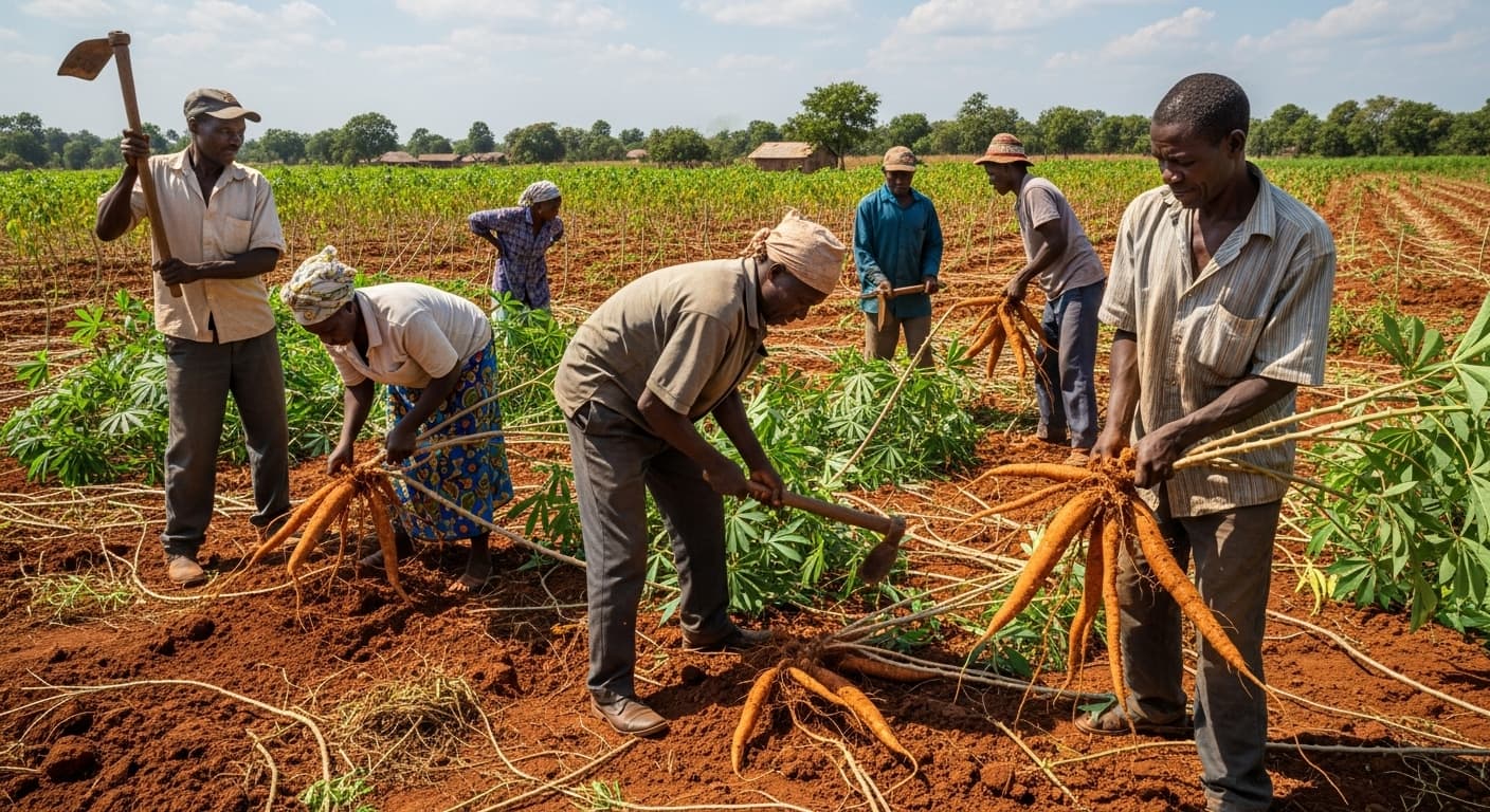 Des agriculteurs récoltent du manioc au Nigeria (image générée par l'IA).