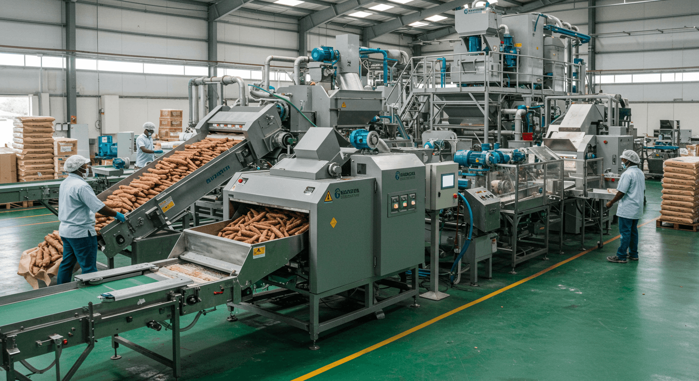 A high-tech cassava starch production line in Nigeria (AI-generated image).
