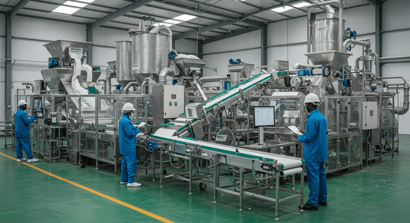 Una línea de producción de almidón de yuca de alta tecnología en Nigeria (imagen generada por IA).