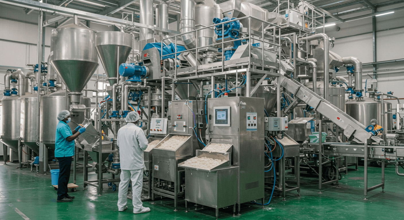 Une ligne de production d'amidon de manioc haute technologie au Nigeria (image générée par IA).
