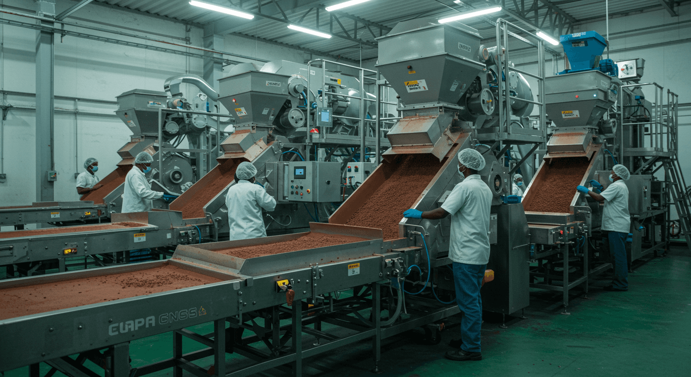Linha de produção de pó de cacau de alta tecnologia na Nigéria (imagem gerada por IA).