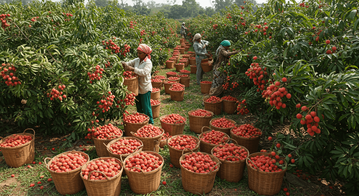 인도에서의 리치 수확 (AI 생성 이미지).