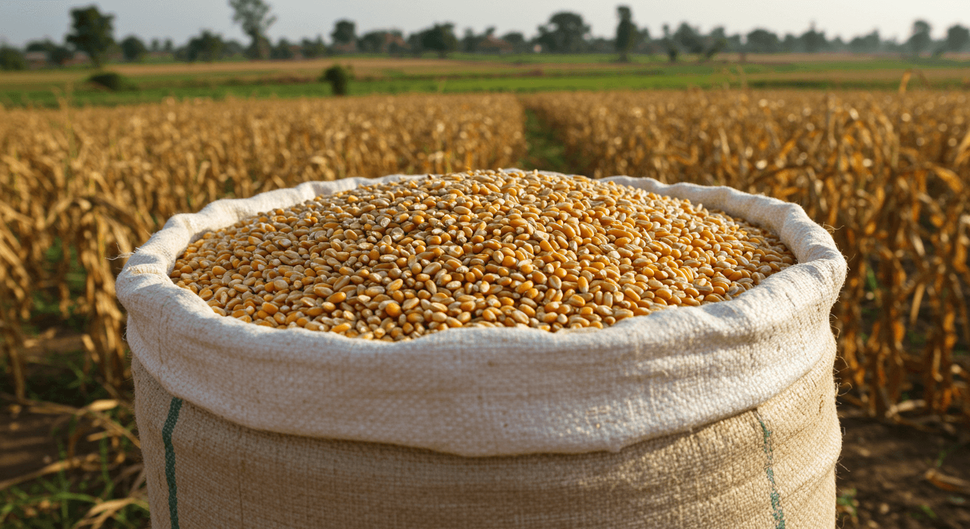 टोगो में 50 किलोग्राम के बैग में मकई के दाने (कृत्रिम बुद्धिमत्ता द्वारा उत्पन्न छवि)