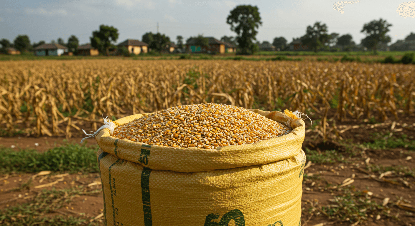 حبوب الذرة في كيس سعة 50 كجم في توغو (صورة مُولَّدة بواسطة الذكاء الاصطناعي)