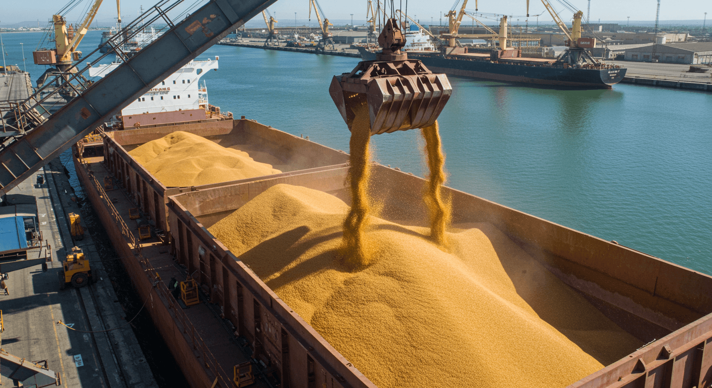 अर्जेंटीना में बड़े पैमाने पर मक्का के दानों को एक बल्क जहाज में लोड करना (कृत्रिम बुद्धिमत्ता द्वारा उत्पन्न छवि)