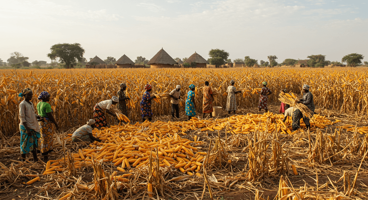 माली में मकई की कटाई (कृत्रिम बुद्धिमत्ता द्वारा उत्पन्न छवि)