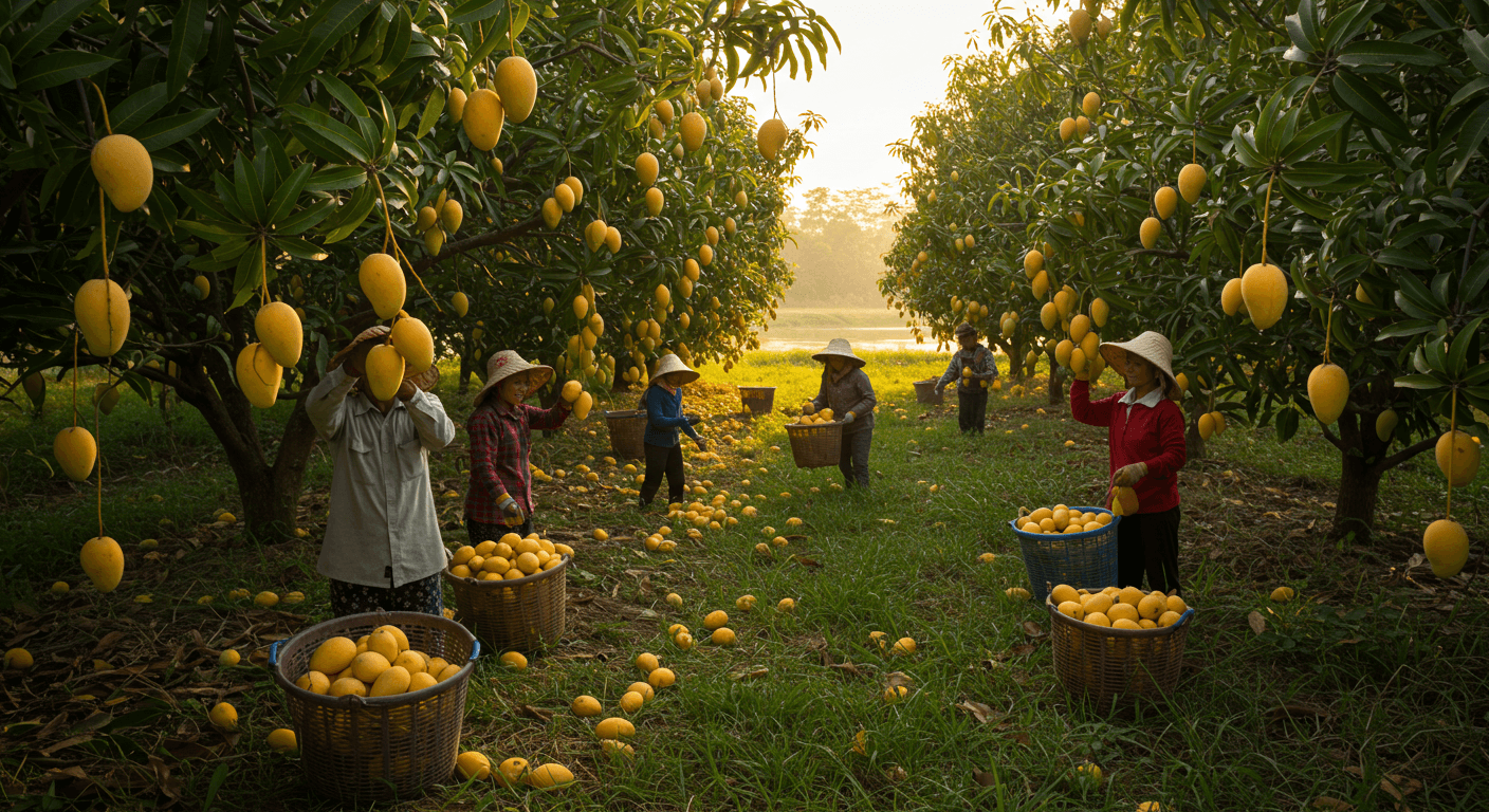 Cosecha de mangos en Vietnam (imagen generada por IA).