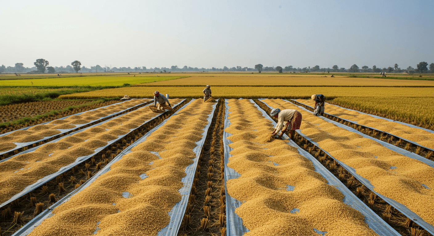 Agriculteurs en train de sécher du riz paddy en Inde (image générée par IA).