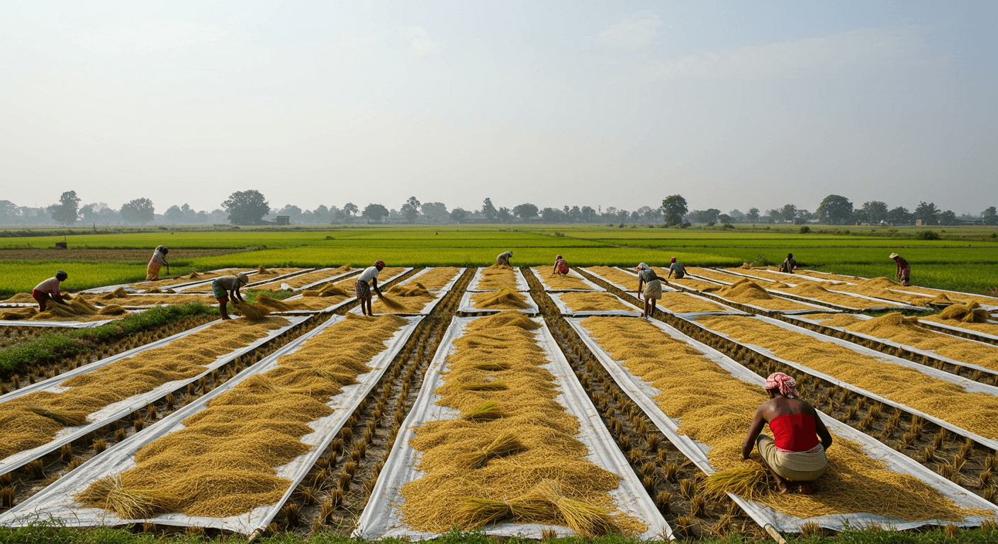 Farmers drying paddy rice in India (AI-generated image).