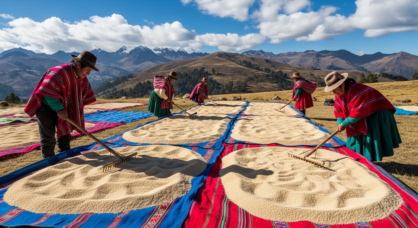 Contadini che essiccano la quinoa in Perù (immagine generata dall'IA).