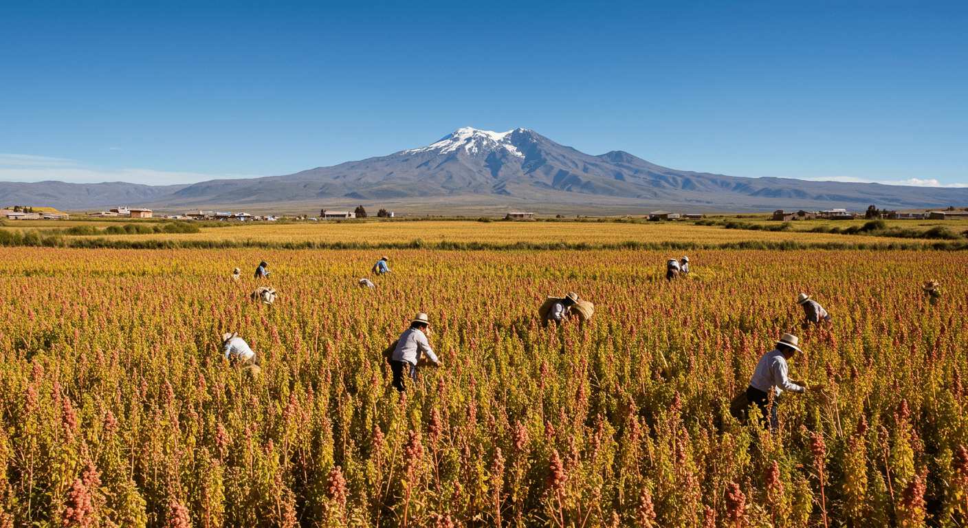 Colheita de quinoa na Bolívia (imagem gerada por IA)