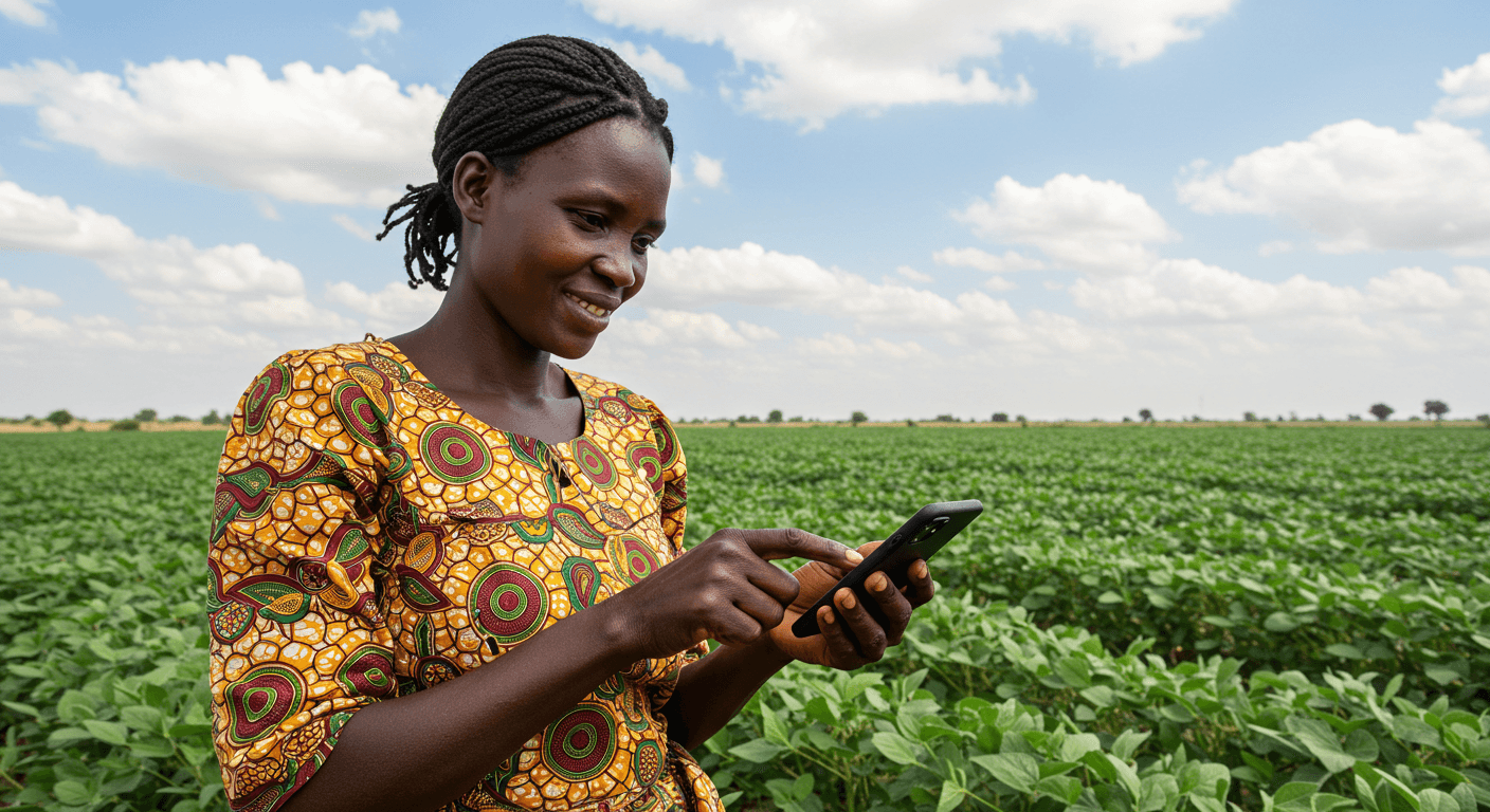 A female Senegalese farmer used a mobile app to monitor her soybean field. (AI-generated image)