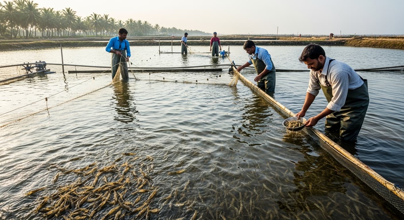 Shrimp farming in India (AI-generated image).