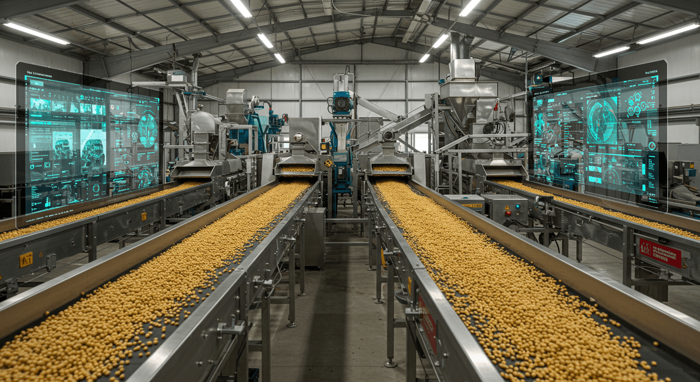 由人工智能控制的大豆颗粒分拣（AI 生成的图像）。