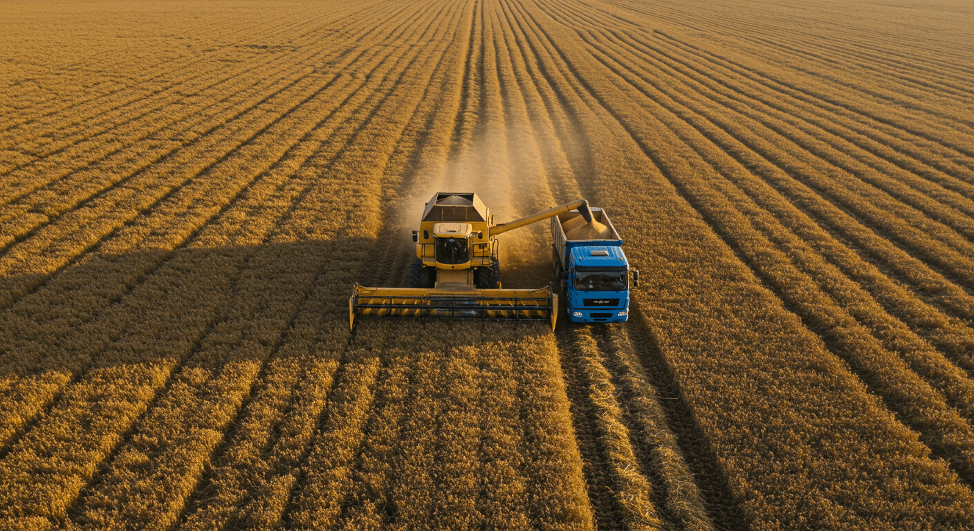 Una cosechadora de soja y un camión que recibe la soja cosechada en un campo de soja madura en Togo (imagen generada por IA).