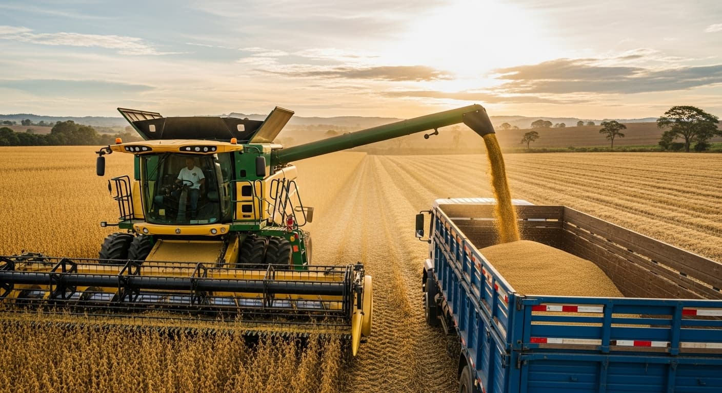 Une moissonneuse-batteuse pour soja déverse des grains de soja dans un camion en Colombie (image générée par IA).