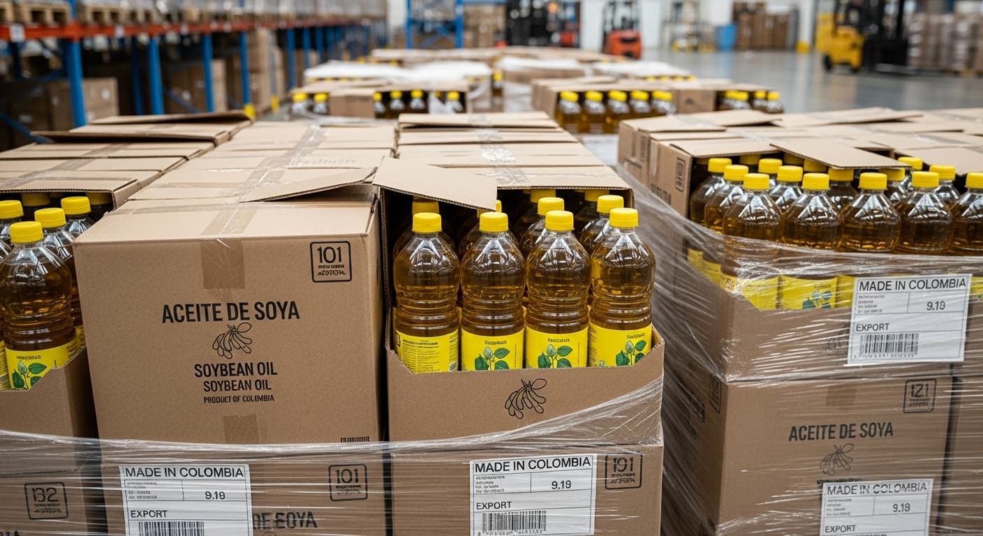 Cartons of soybean oil bottles ready for export from Colombia (AI-generated image).