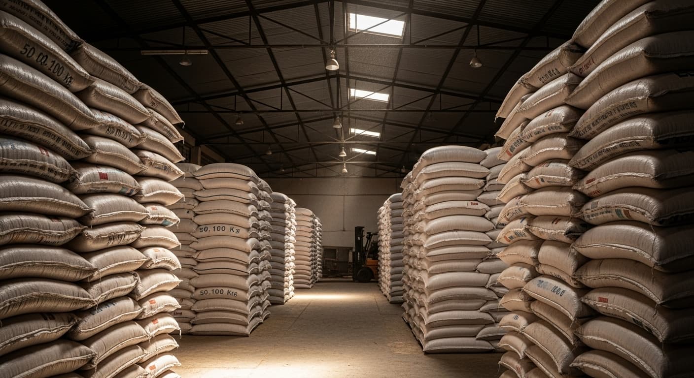 Bags of maize are stored inside a warehouse in Tanzania (AI-generated image).