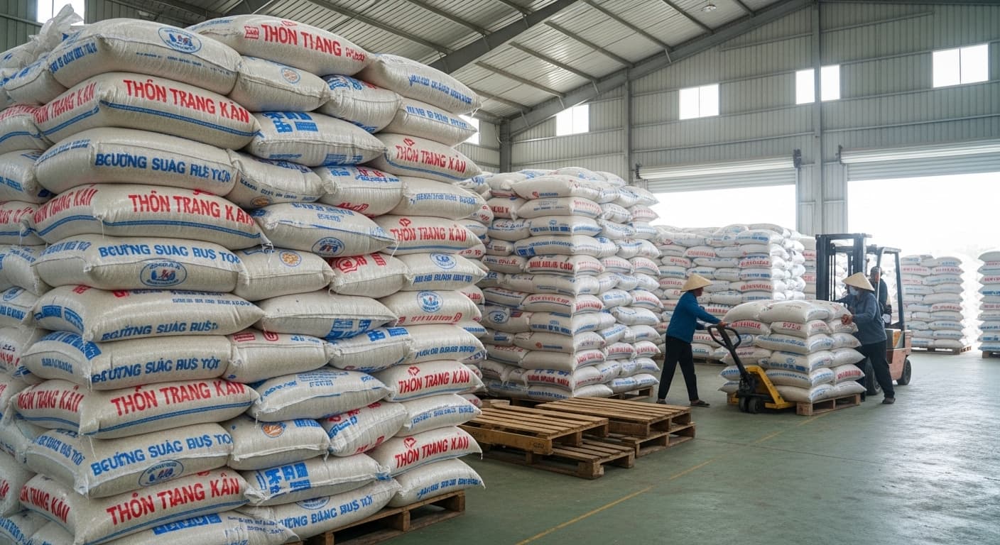 Des sacs de riz sont stockés dans un entrepôt au Vietnam. (Image générée par l’IA.)