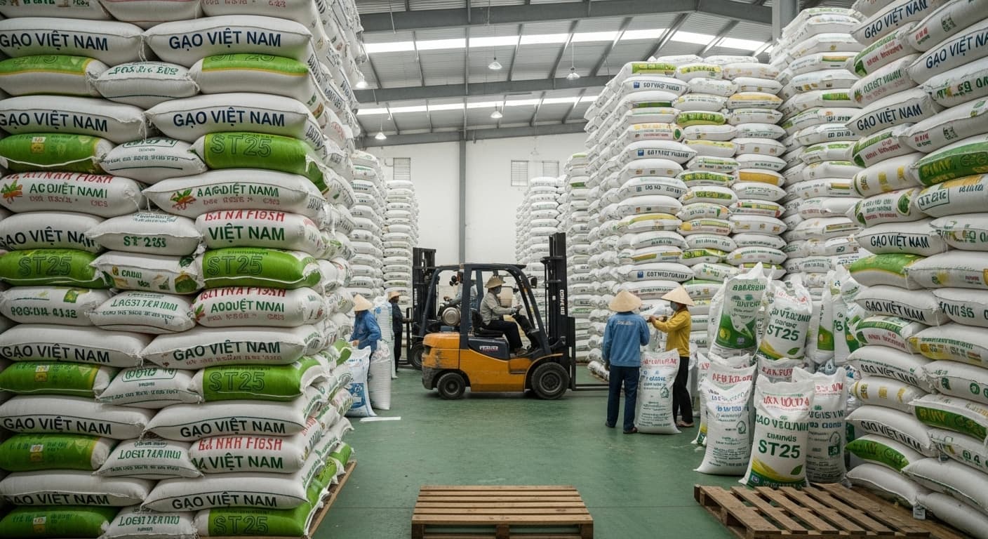 Sacos de arroz están almacenados en un almacén en Vietnam. (Imagen generada por IA.)