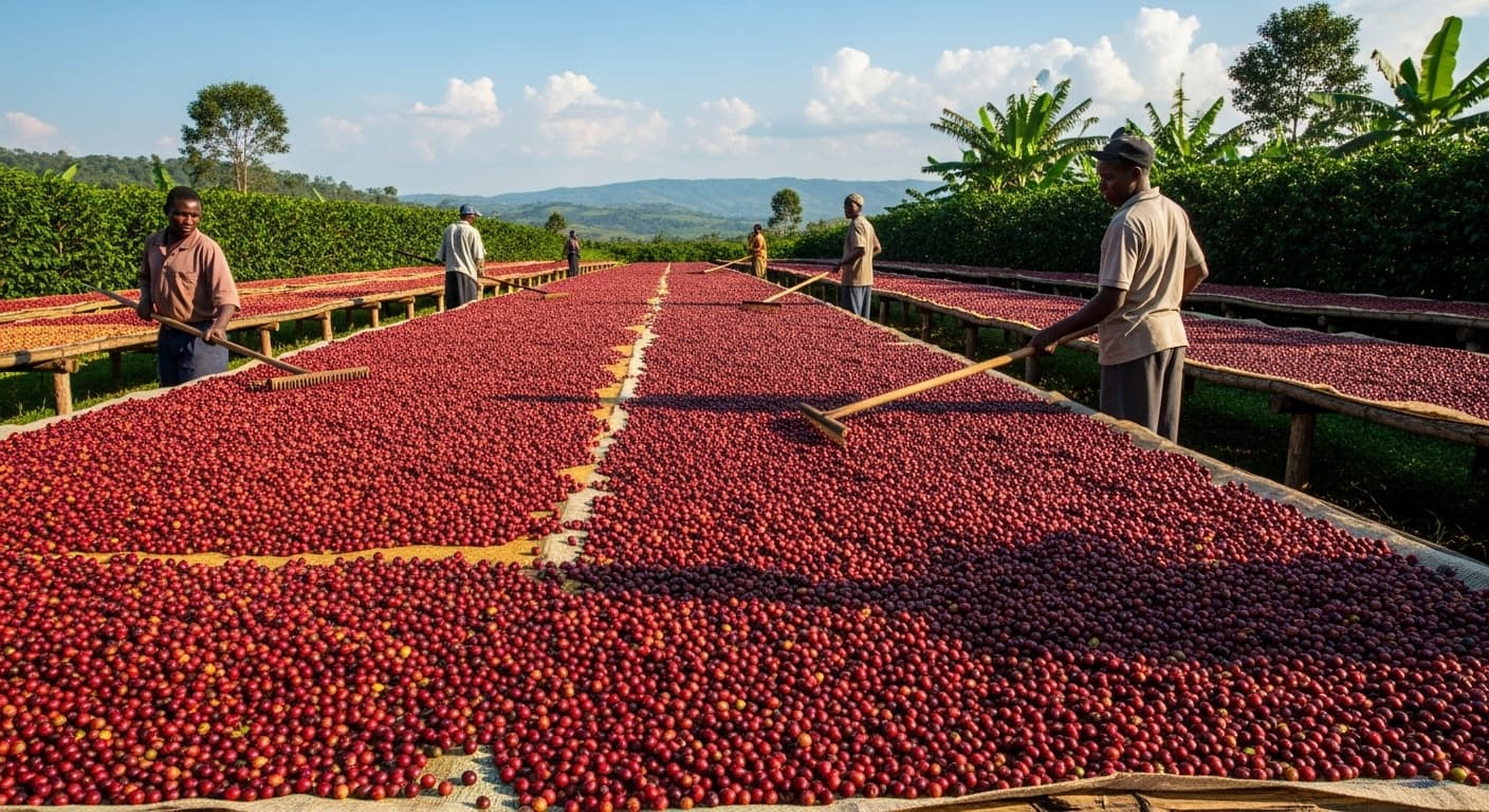 Área exterior de secado de café con cerezas y granos de café en Uganda (imagen generada por IA)