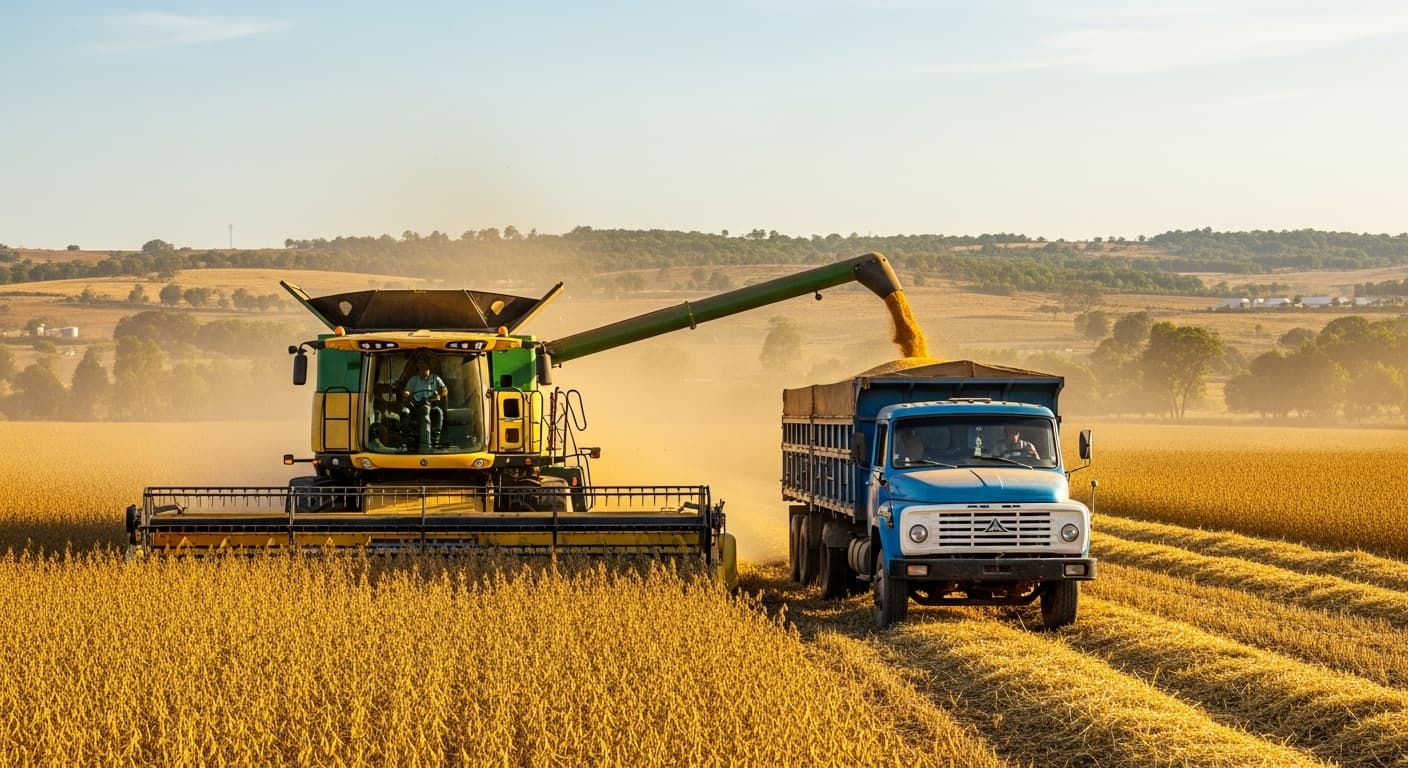 Une moissonneuse-batteuse chargeant des grains de soja sur un camion au Nigeria (image générée par l'IA)