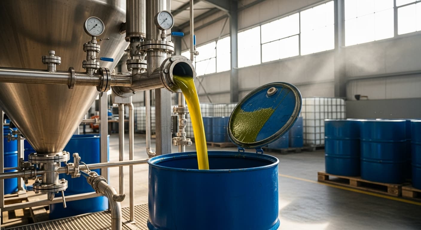 Crude avocado oil being filled into a drum (AI-generated image).