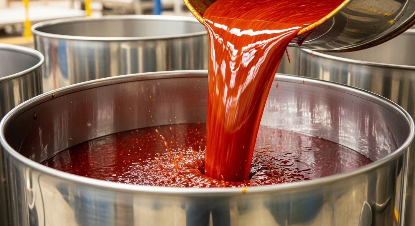 El aceite de palma crudo está fluyendo hacia un gran tambor de acero inoxidable (imagen generada por IA).