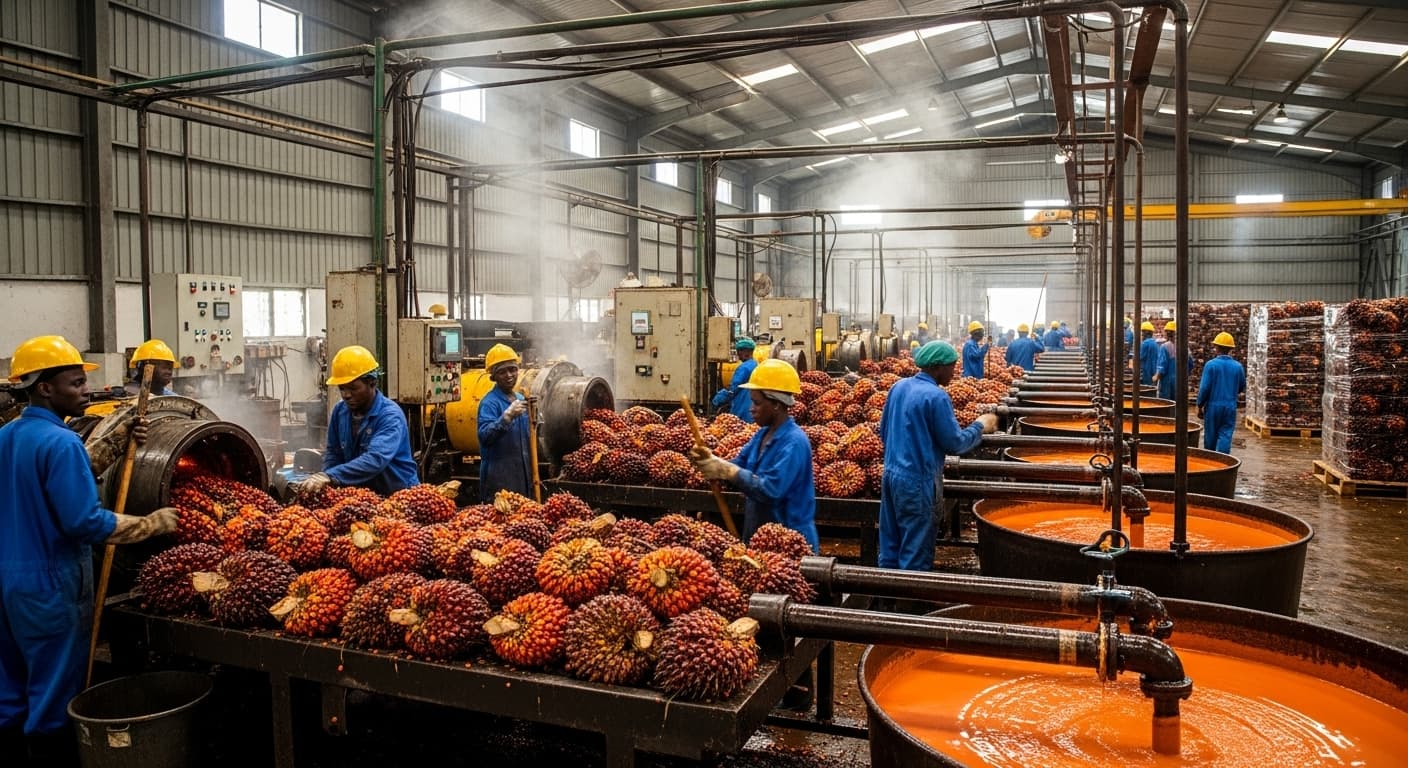 A crude palm oil production line (AI-generated image).