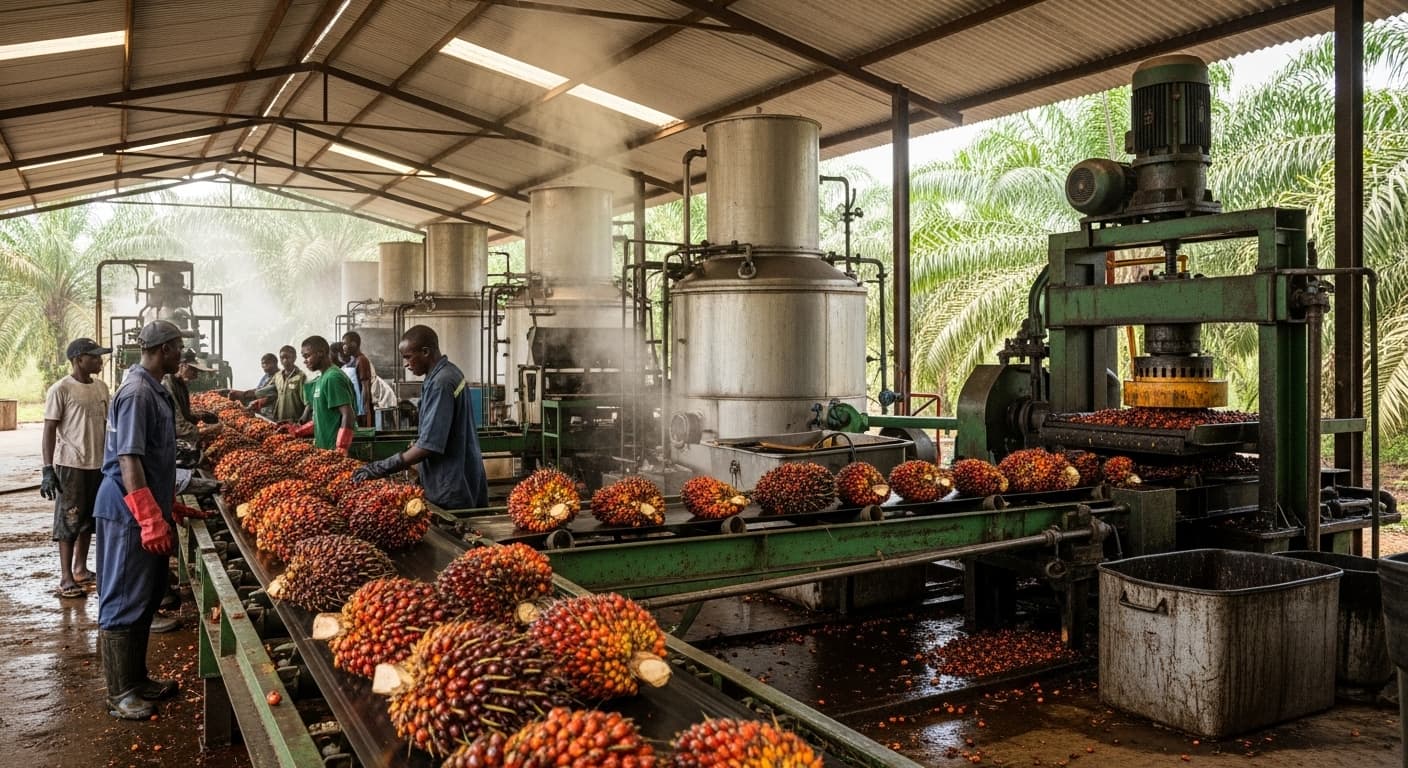 Línea de producción de aceite de palma crudo (imagen generada por IA).