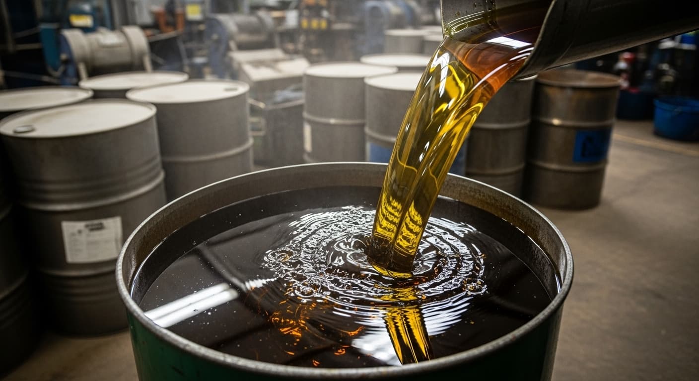 粗大豆油がドラム缶に注がれている（AI生成画像）