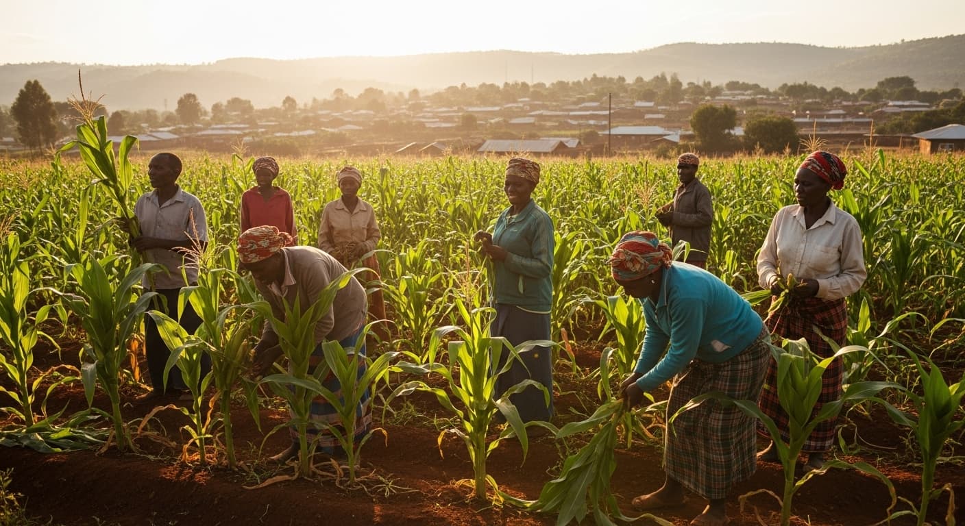 Farmers working in a maize field in Kenya (AI-generated image).