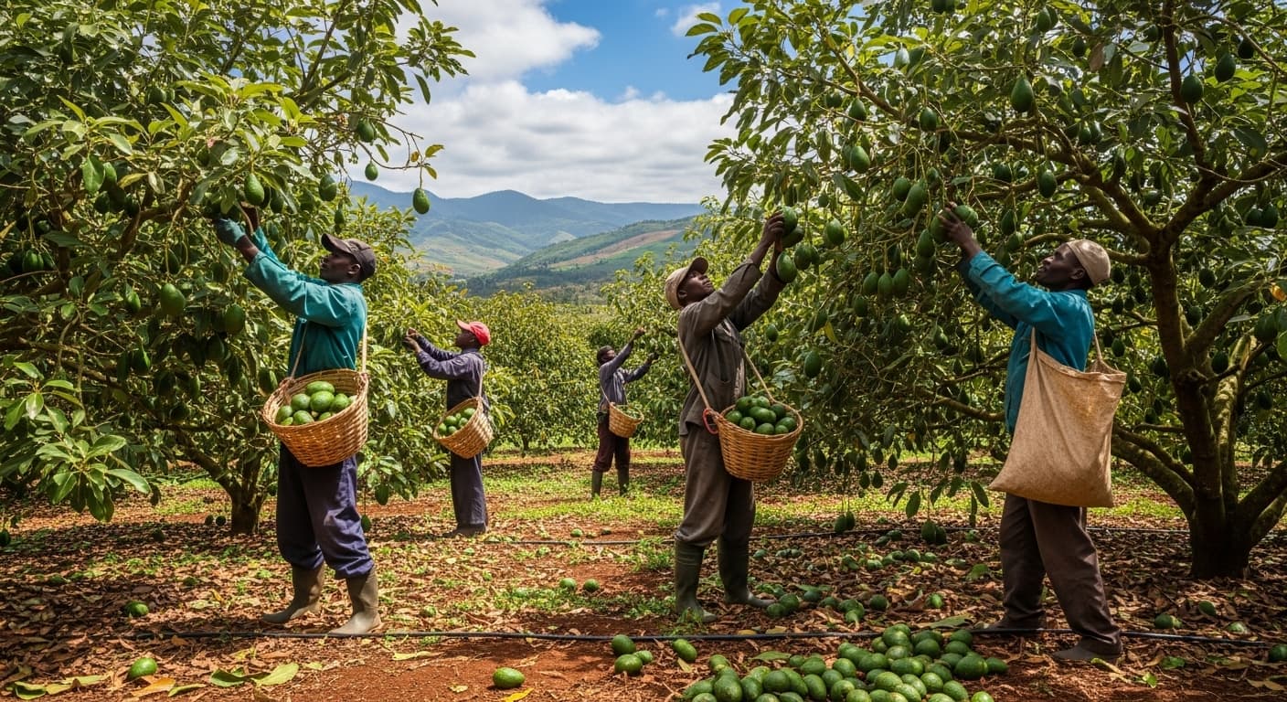 Des agriculteurs récoltent des avocats au Kenya (image générée par l'IA).