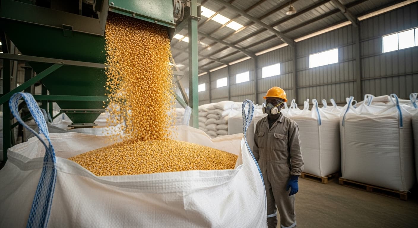 Maize grains are falling into a jumbo bag in Tanzania (AI-generated image).