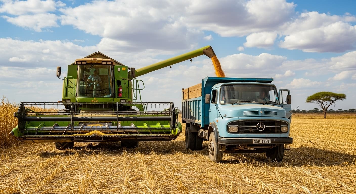 A combine harvester is unloading maize into a truck in Tanzania (AI-generated image).