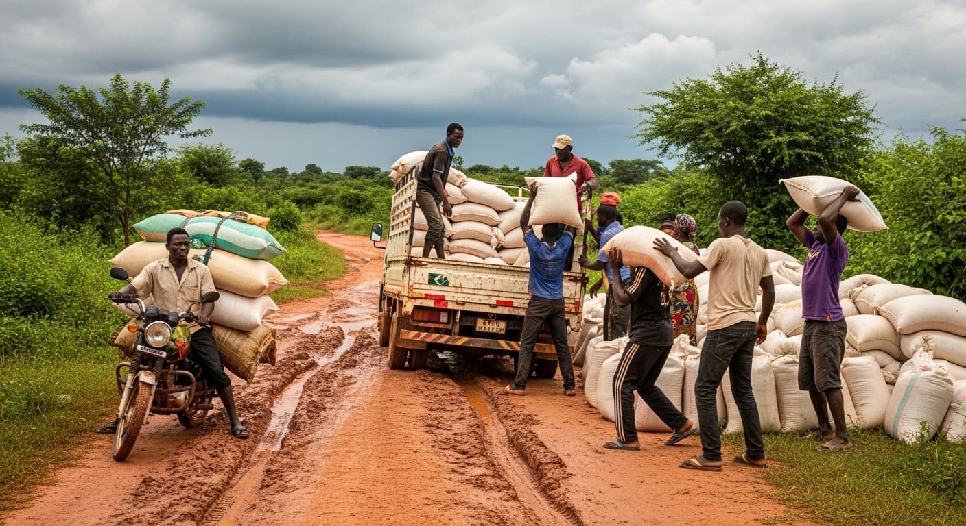 Una motocicleta sobrecargada y un pequeño camión están atascados en una carretera rural enlodada mientras los agricultores cargan sacos de maíz bajo un cielo nublado en Ghana (imagen generada por IA).