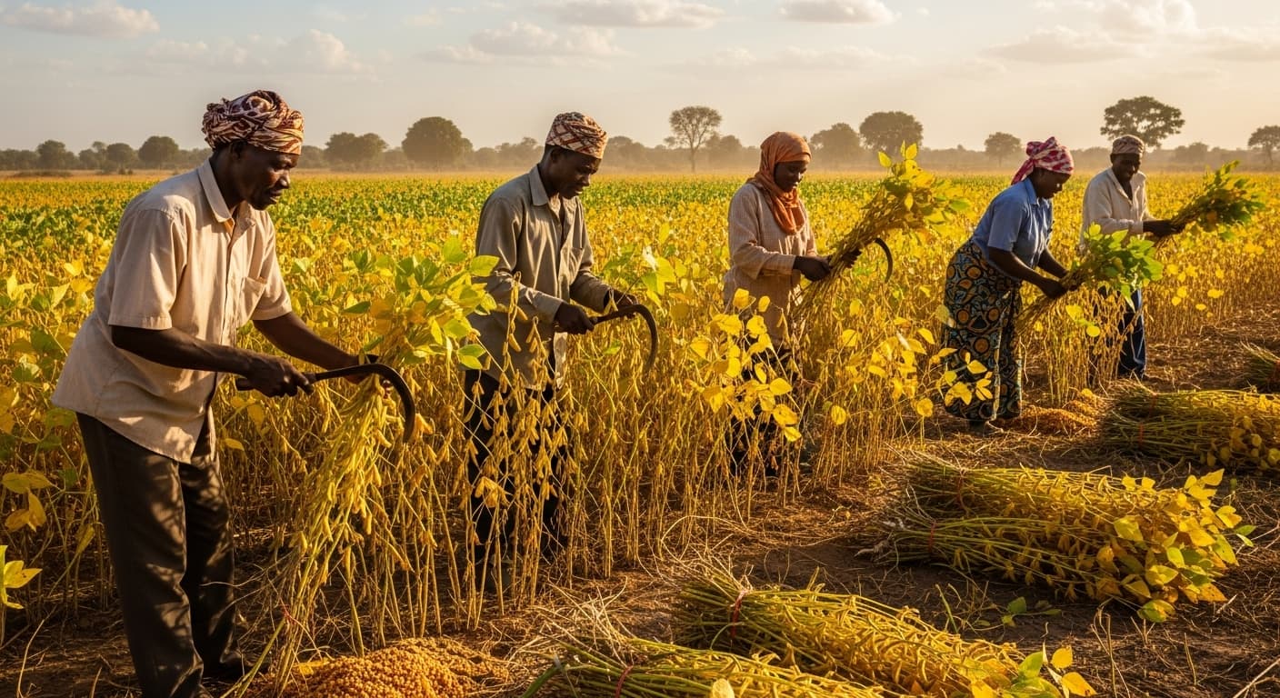 Nigerian farmers harvesting soybeans. (AI-generated image)