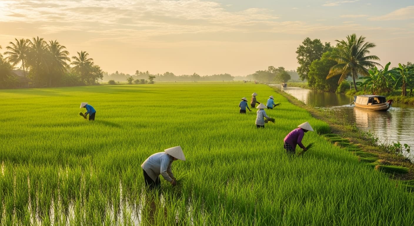 Ein Reisfeld im Mekong-Delta, Vietnam. (KI-generiertes Bild.)