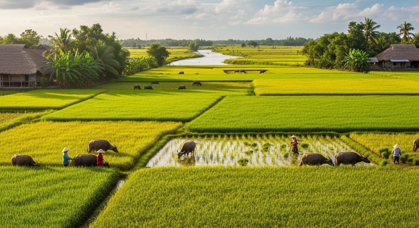 Une rizière dans le delta du Mékong, au Vietnam. (Image générée par IA.)