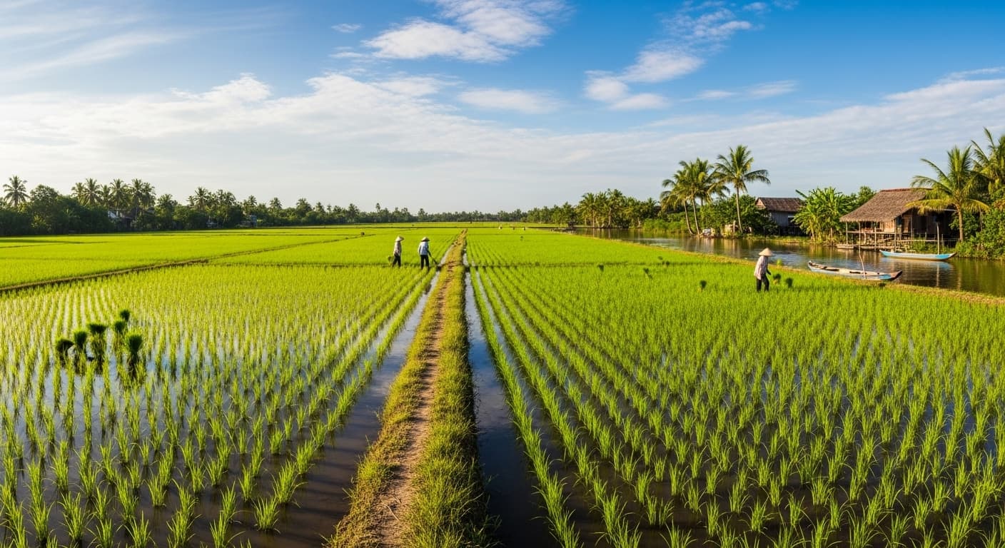 A rice field in the Mekong Delta, Vietnam. (AI-generated image.)
